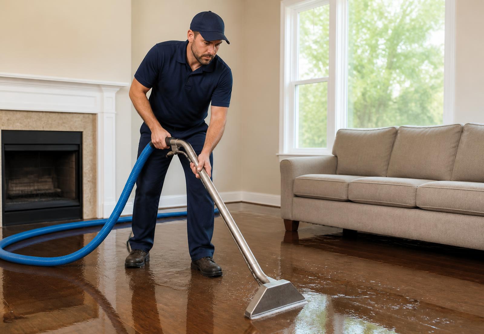 Restoration technician extracting standing water from a flooded hardwood floor